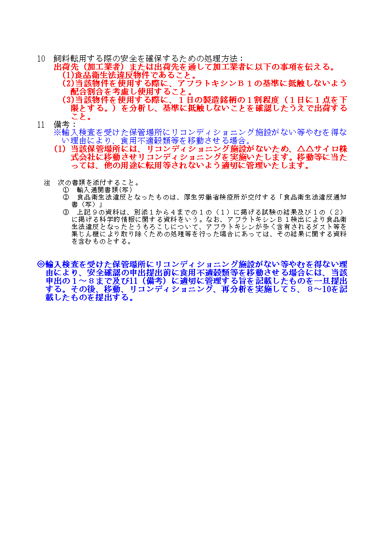 輸入検査時のアフラトキシン分析結果が20μg/kg超の別記仕様１の２