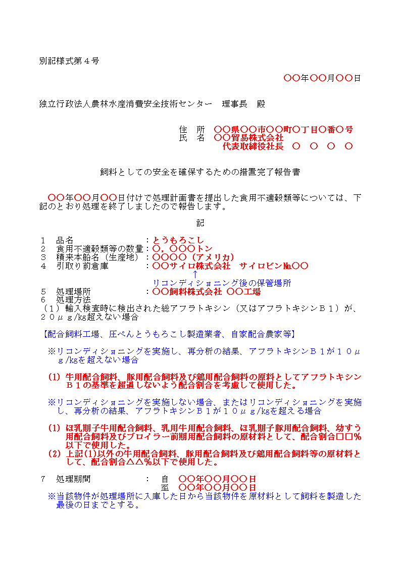 輸入検査時のアフラトキシン分析結果が20μg/kg以下の別記仕４の１